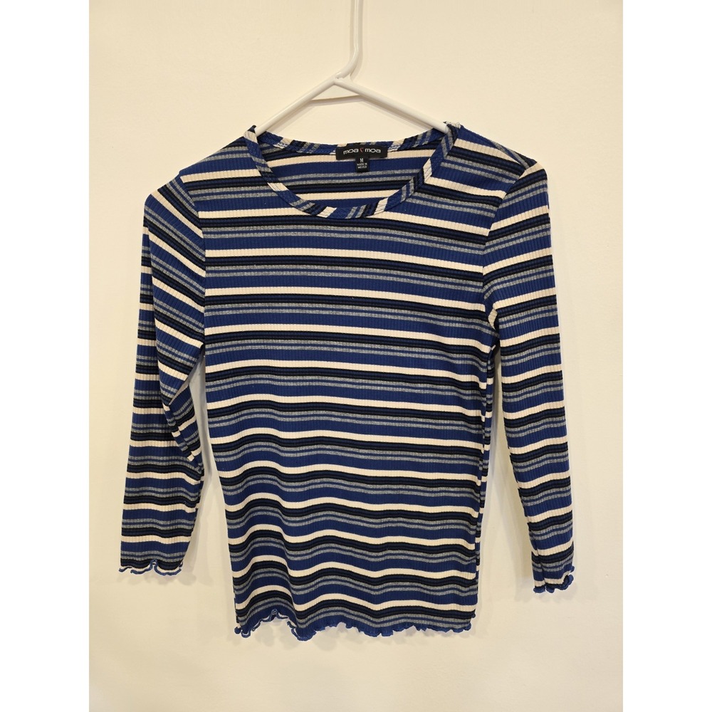 Moa Moa Striped Long Sleeve Top Blue Black Y2K Ribbed Lettuce Hem Size M